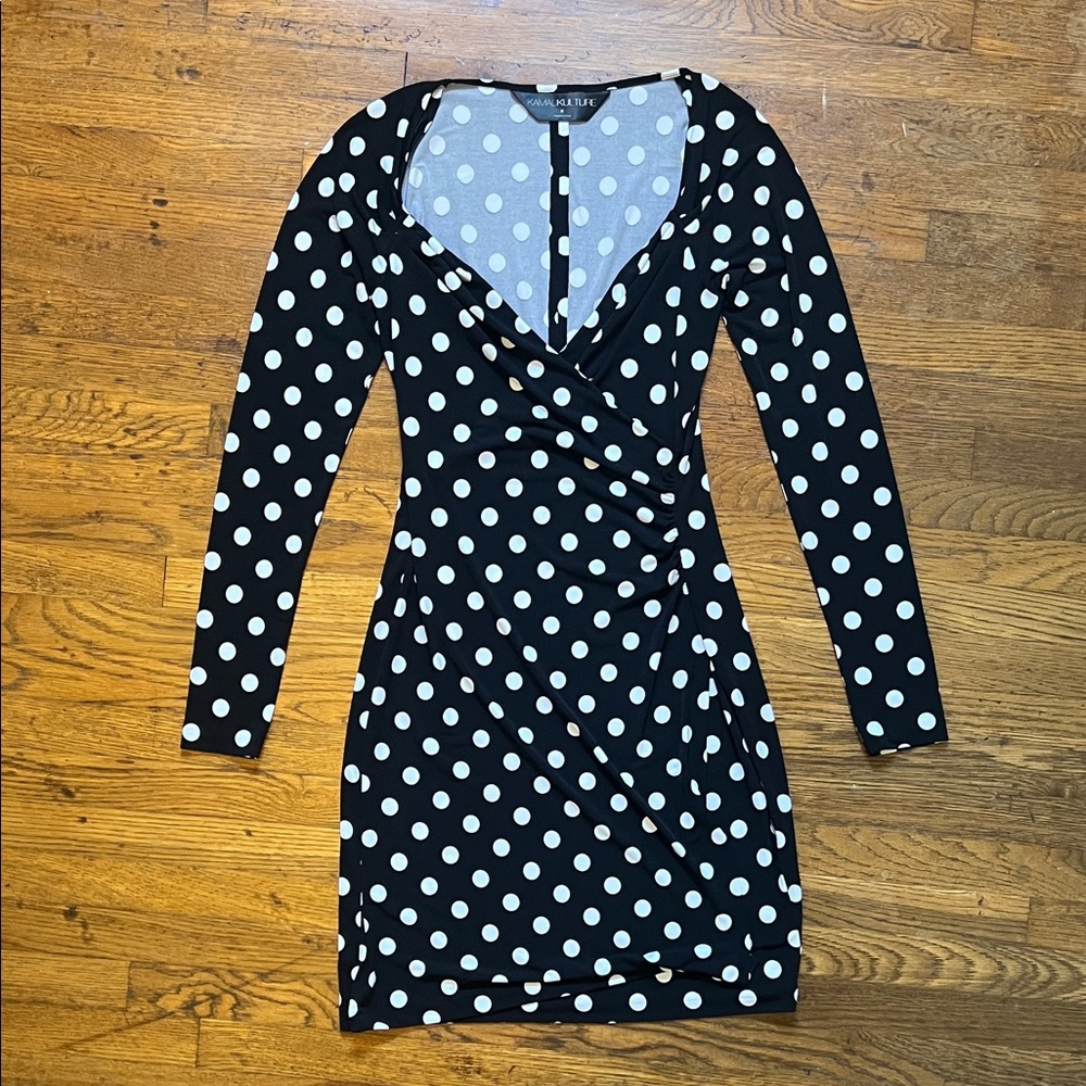 Norma Kamali Black and White Polka Dot Long Sleeve Wrap Dress Small